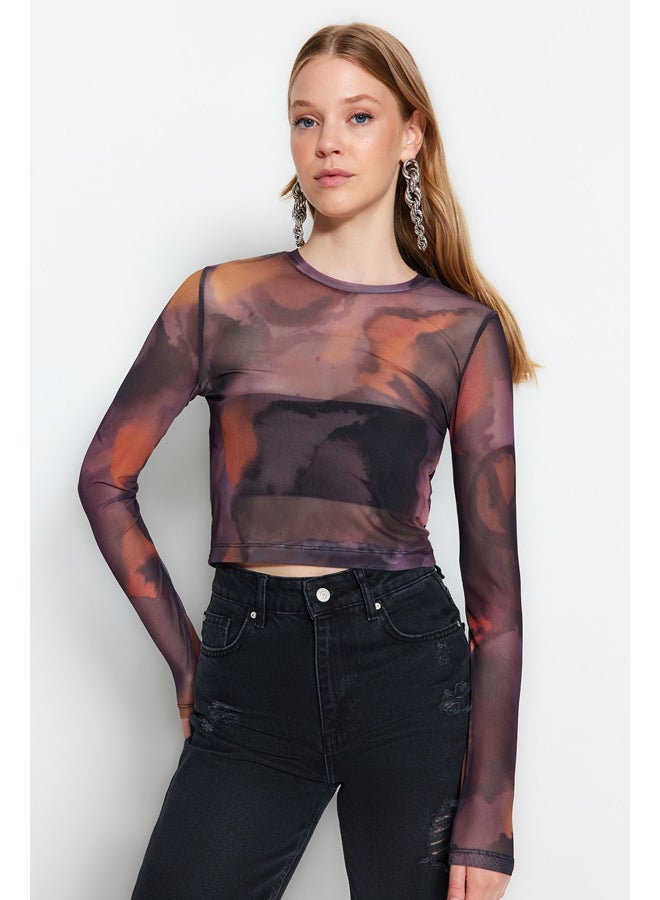 trendyol Black Printed Tulle Fitted/Simple Crop, Stretchy Knit Blouse TWOAW24BZ00030  - Image 2