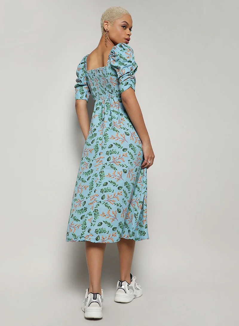 Pinacolada  Women's Blue Botanical Print Dress With Slit for Women | Best Price UAE