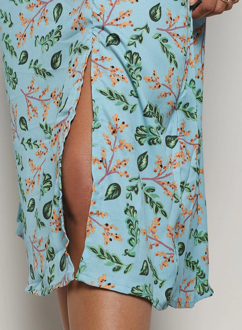 Pinacolada  Women's Blue Botanical Print Dress With Slit for Women | Best Price UAE