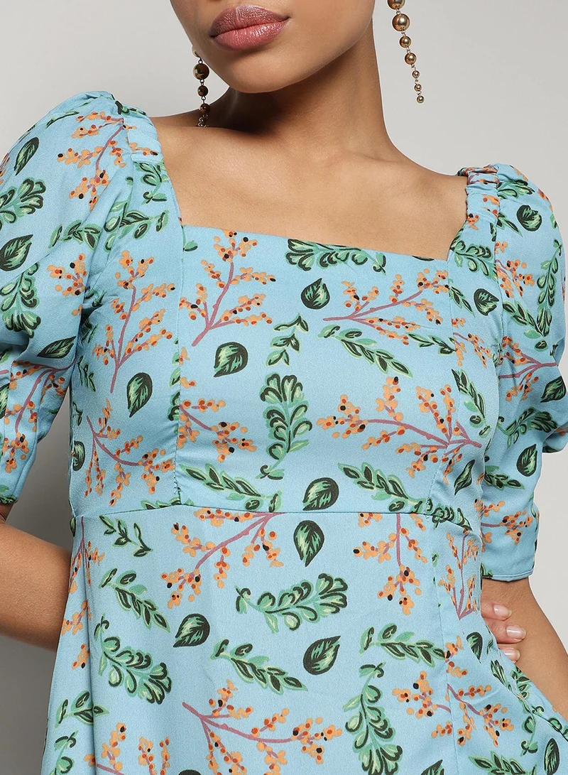 Pinacolada  Women's Blue Botanical Print Dress With Slit for Women | Best Price UAE