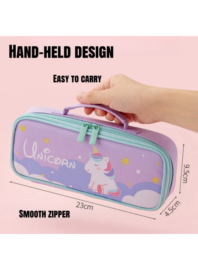 NOVOLAN Unicorn Pencil Case for Kids, Cute Fabric Stationery Pouch with Large Capacity, Cartoon Design Ideal for Girls, Removable Dual-Layer Structure, Washable & Smooth Zipper, 23x4.5x9.5cm (purple) - Image 5