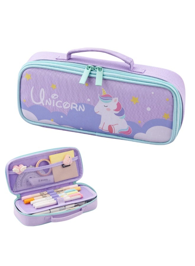 NOVOLAN Unicorn Pencil Case for Kids, Cute Fabric Stationery Pouch with Large Capacity, Cartoon Design Ideal for Girls, Removable Dual-Layer Structure, Washable & Smooth Zipper, 23x4.5x9.5cm (purple) - Image 1