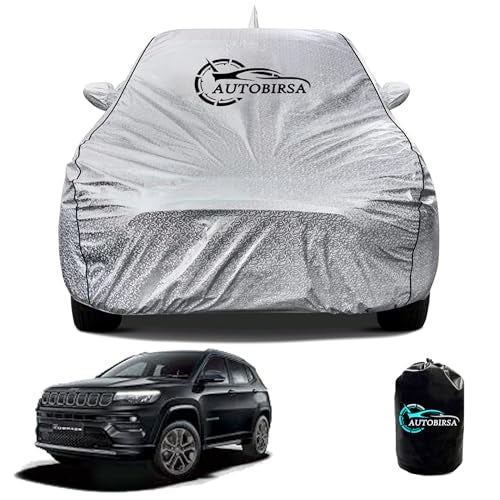 AUTOBIRSA Waterproof Car Body Cover for Jeep Compass with Mirror and Antenna Pocket and Soft Cotton Lining (4 Side Elastic Triple Stitched & Metallic Silver with Black Piping Style) - Image 1