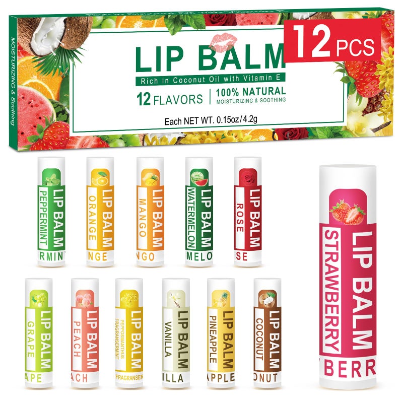 DMSKY 12 Pack Lip Balm, Natural Lip Balm Bulk with Vitamin E and Coconut Oil, Moisturizing Lip Balm for Dry Cracked Lips, Lip Balm for Stocking Stuffers - 12 Flavors - Image 1