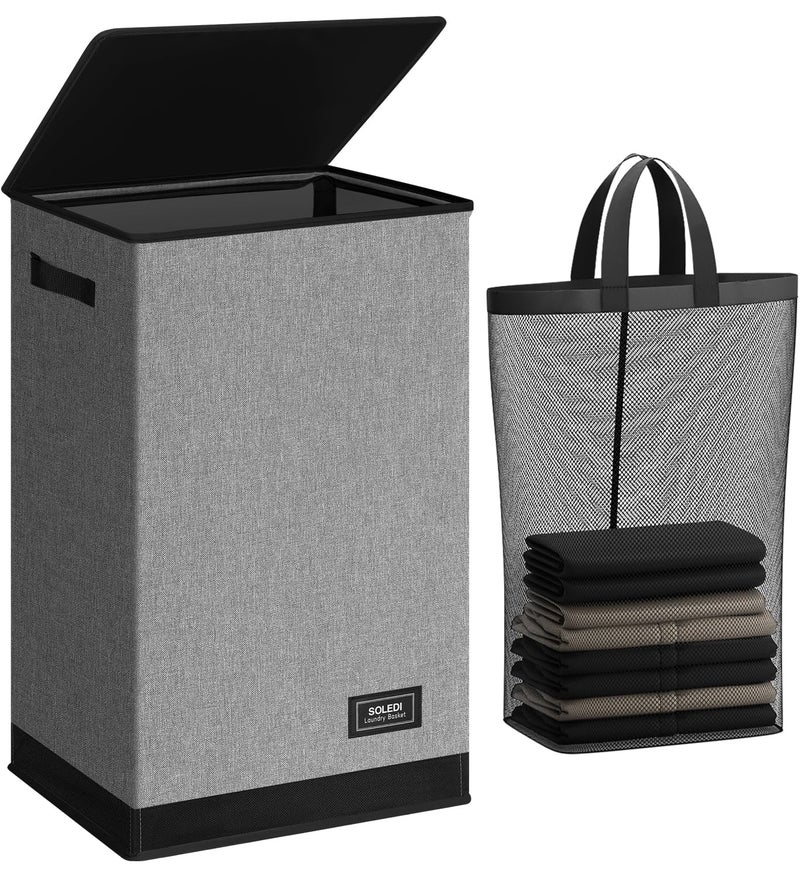 SOLEDI Laundry Hamper with Lid 90L Large & Tall Collapsible Laundry Basket, Clothes Hamper with Bag Removable Easy to Carry, Dirty Hampers for Bedroom, Bathroom, Dorm, College, Grey - Image 1