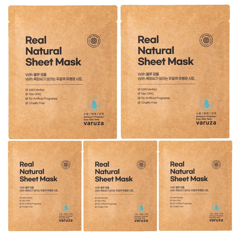 varuza Real Natural Sheet Mask  EWG VERIFIED Vegan Face Mask for Hydration NonGMO No Artificial Fragrance Made in Korea 5 PACK BLUE AMPOULE