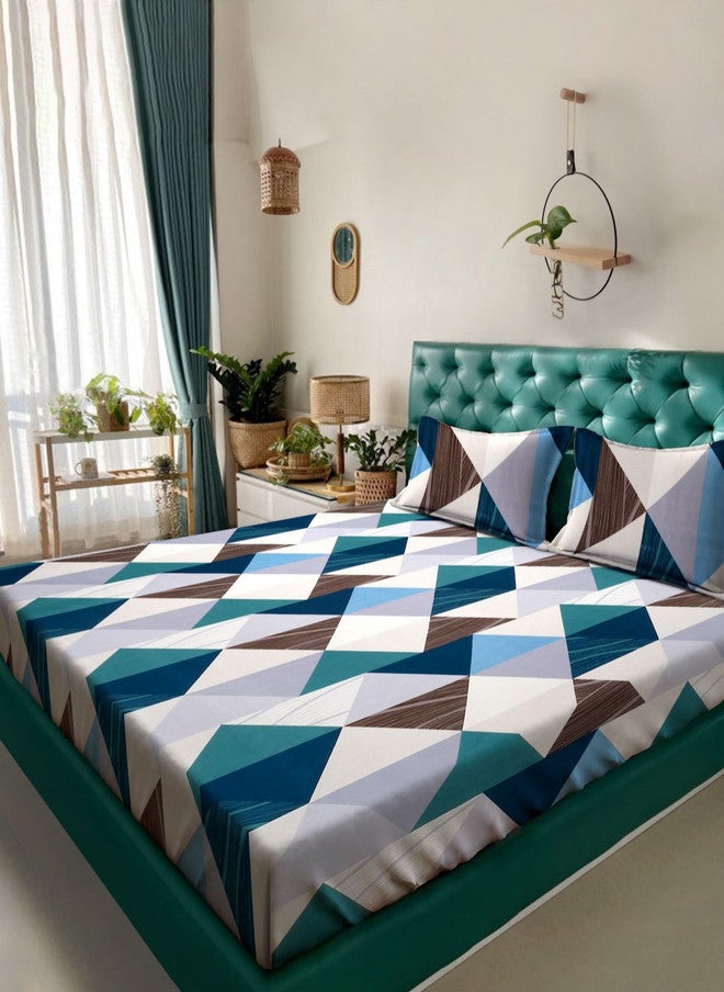 Arrabi White Geometric Polycotton 300 TC King Superfine Bedsheet with 2 Pillow Covers - Image 1