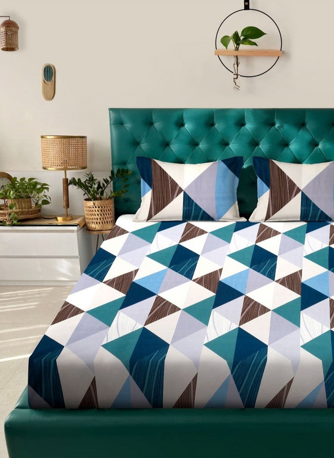 Arrabi White Geometric Polycotton 300 TC King Superfine Bedsheet with 2 Pillow Covers - Image 2