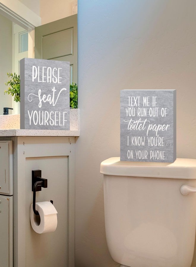 جيتك لوحة خشبية ديكور حمام ريفي من قطعتين من Jetec، لوحة جدارية مضحكة للحمام، لوحة خشبية ريفية مكتوب عليها "تفضل بالجلوس"، ديكور لحمام المنزل (رمادي) - Image 2