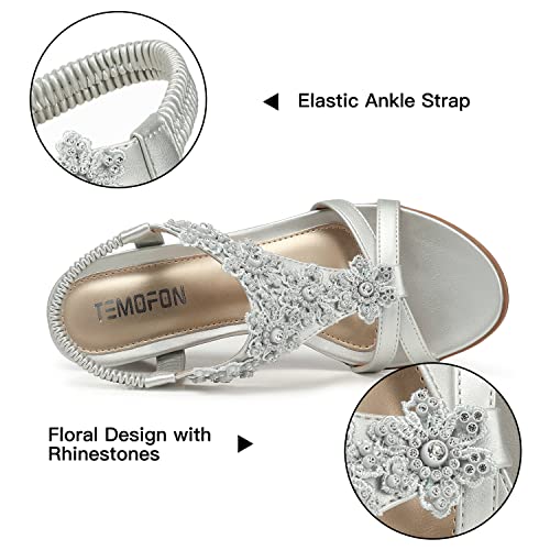 TEMOFON Women's Low Wedge Heels Summer Dressy Platform Sandals Elastic Ankle Strap Open Toe Flower Shoes Silver Size 10 - Image 4