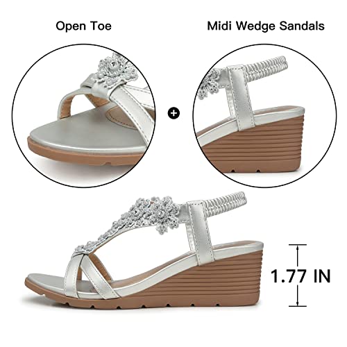 TEMOFON Women's Low Wedge Heels Summer Dressy Platform Sandals Elastic Ankle Strap Open Toe Flower Shoes Silver Size 10 - Image 5