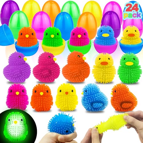 AMENON 24 Pack Prefilled Easter Egg with Toys Fillers Light Up Chick Duck Puffer Balls Easter Basket Stuffers Squeeze Sensory Stress Relief Fidget Easter Egg Hunt Party Favors Gifts Kids Boys Girls - Image 1