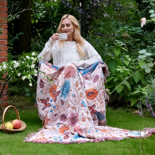 LUTBM Boho Throw Blanket for Bed Cotton Summer Blankets Twin Size for Bedroom Living Room All Season Lightweight Floral Butterfly Embroidery Quilt for Couch Sofa Chair 60x80 Home Decor - Image 3