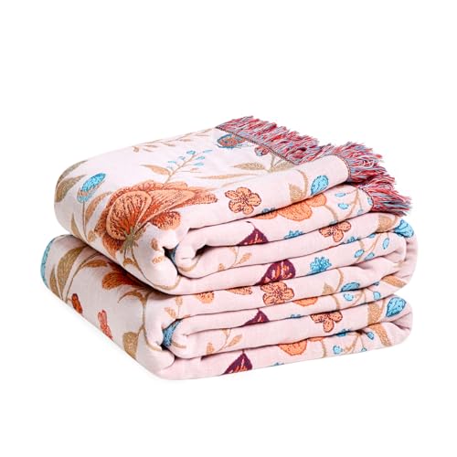 LUTBM Boho Throw Blanket for Bed Cotton Summer Blankets Twin Size for Bedroom Living Room All Season Lightweight Floral Butterfly Embroidery Quilt for Couch Sofa Chair 60x80 Home Decor - Image 1