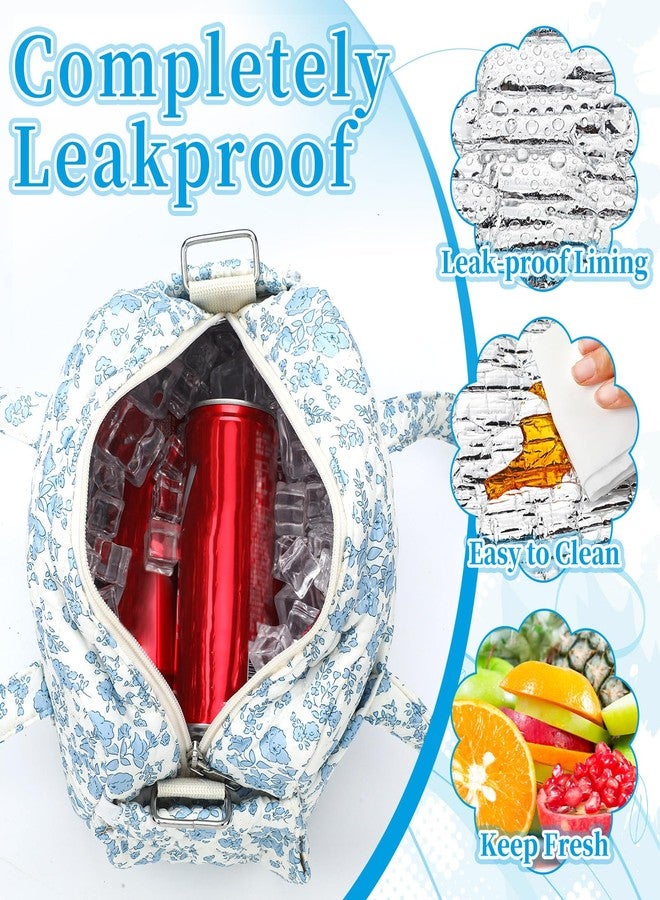 زهاو حقيبة غداء لطيفة من Zhehao للنساء، صندوق غداء مبطن ومعزول بنمط عيد الميلاد مع حزام كتف، حقيبة كروسبودي كوكيت محمولة مانعة للتسرب، حقيبة حمل للسيدات، مناسبة للعمل والسفر والنزهات الخارجية (زهور زرقاء) - Image 3