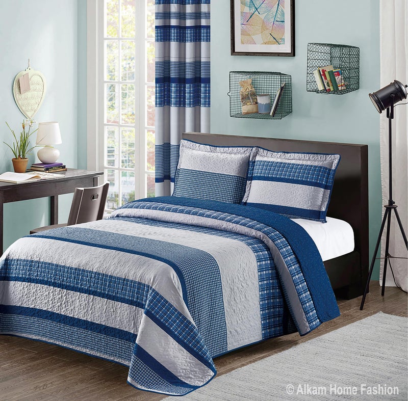 All American Collection Blue and Gray Modern Plaid 2Piece Twin Bedspread and Pillow Sham Set  Matching Curtains Available
