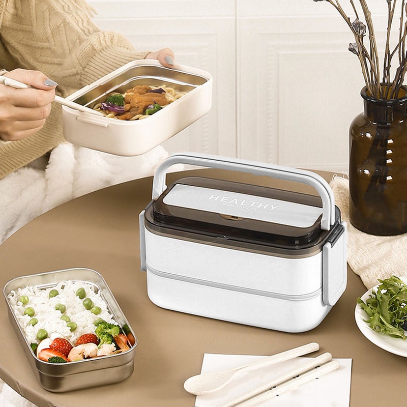 Double Layer Bento Box 316 Stainless Steel Compartment Portable Lunch Box with Cutlery for Work School Office 1400ml Green - Image 3