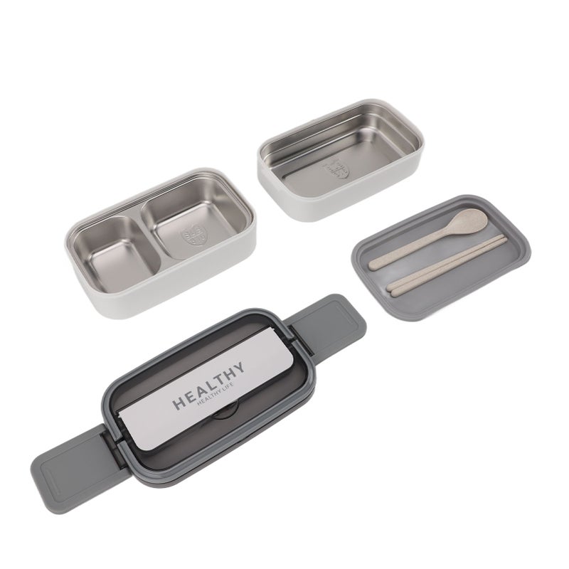 Double Layer Bento Box 316 Stainless Steel Compartment Portable Lunch Box with Cutlery for Work School Office 1400ml Green - Image 4