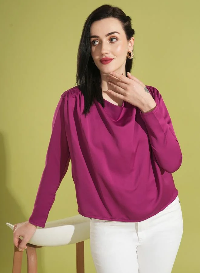 globus Globus Women Solid Cowl Neck Top with Gathered Detail