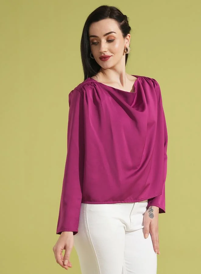 globus Globus Women Solid Cowl Neck Top with Gathered Detail