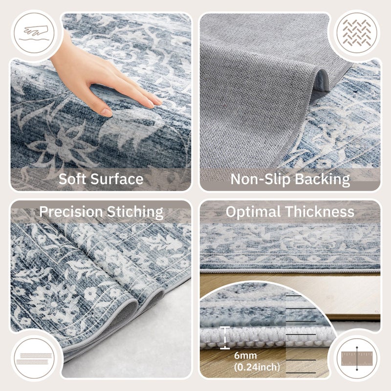 Soalmost 5x7 Area Rugs for Living Room, Washable Vintage Floral Non-Slip Low Pile Natural Rug Soft Throw Carpet for Dining Room Bedroom Home Office Nursery (Blue, 5'x7') - Image 5