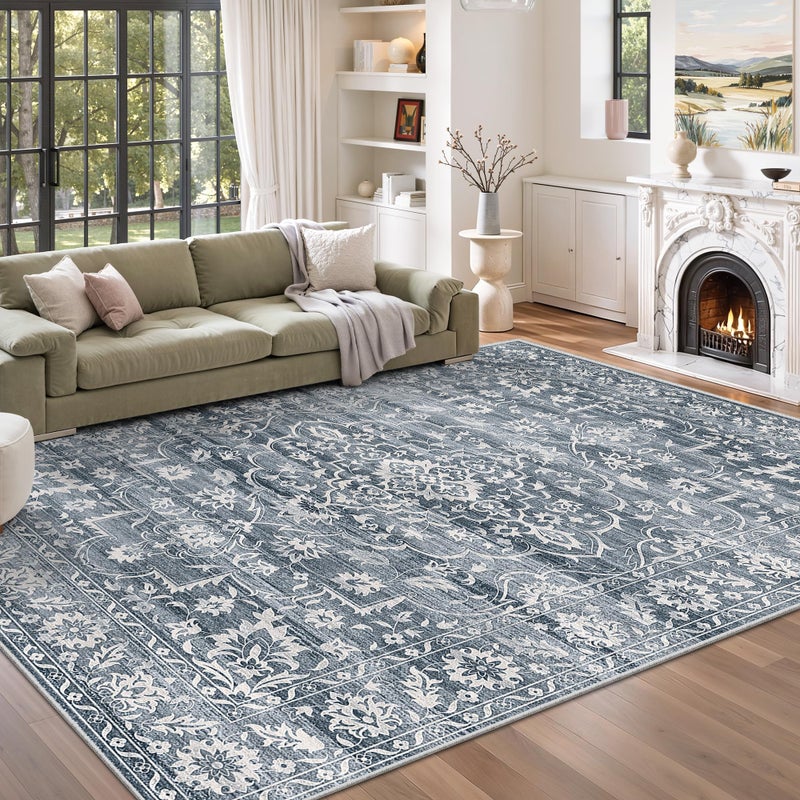 Soalmost 5x7 Area Rugs for Living Room, Washable Vintage Floral Non-Slip Low Pile Natural Rug Soft Throw Carpet for Dining Room Bedroom Home Office Nursery (Blue, 5'x7') - Image 2