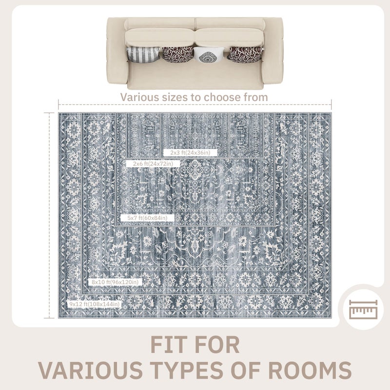 Soalmost 5x7 Area Rugs for Living Room, Washable Vintage Floral Non-Slip Low Pile Natural Rug Soft Throw Carpet for Dining Room Bedroom Home Office Nursery (Blue, 5'x7') - Image 3