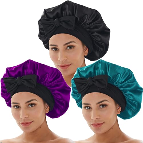Wzl Wlg 3 Pcs Silk Bonnet for Sleeping Hair Bonnets with Tie Band Satin Bonnet for Women Night Sleep Caps Natural Curly Hair Set_A