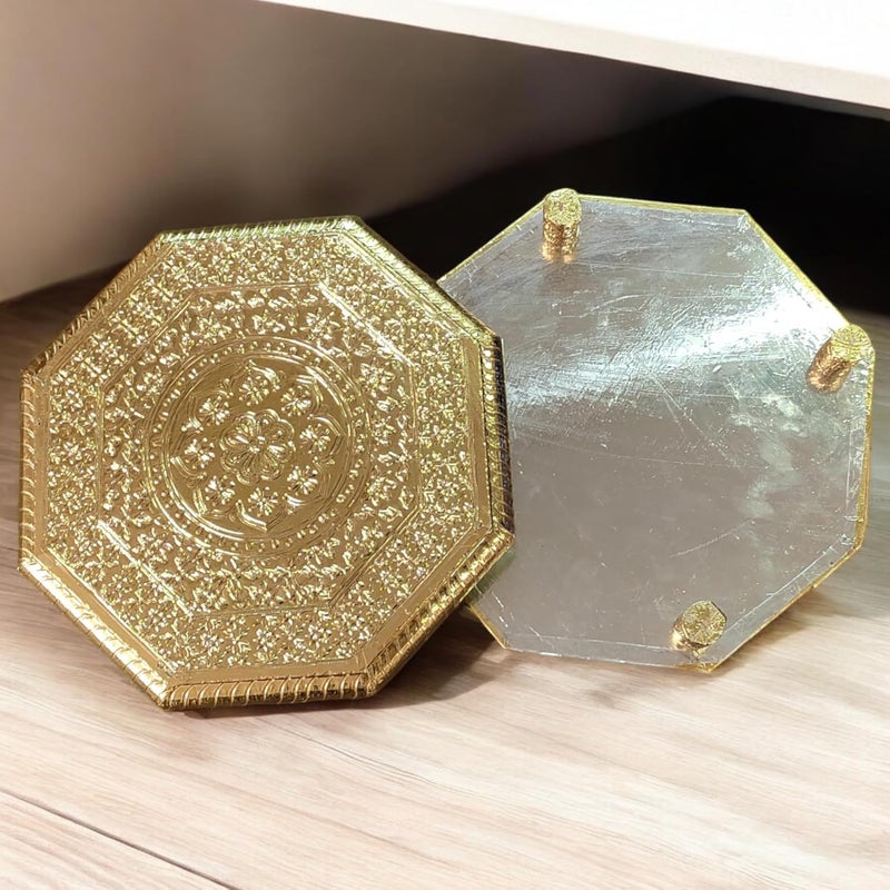 OPPILLA OPPILLA Embossed Design Handcrafted Pooja chowki for God and Idols Octagon Shape Chowki for Home Temple Mandir Puja Chowki Puja Article 8x8 inches  - Image 3
