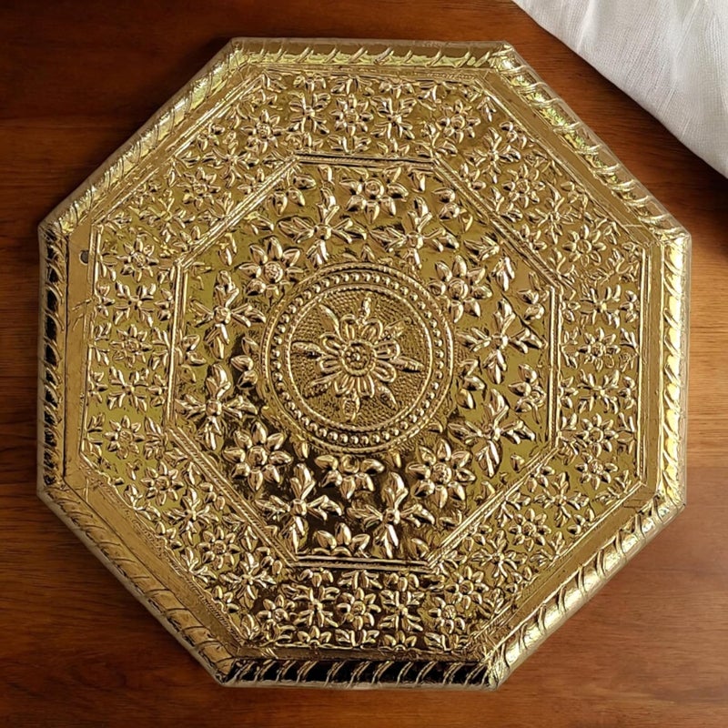 OPPILLA OPPILLA Embossed Design Handcrafted Pooja chowki for God and Idols Octagon Shape Chowki for Home Temple Mandir Puja Chowki Puja Article 8x8 inches  - Image 5