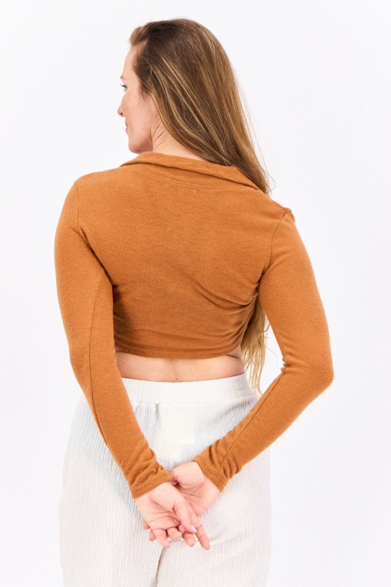 POOF Women Spread Collar Long Sleeve Plain Top, Brown - Image 3