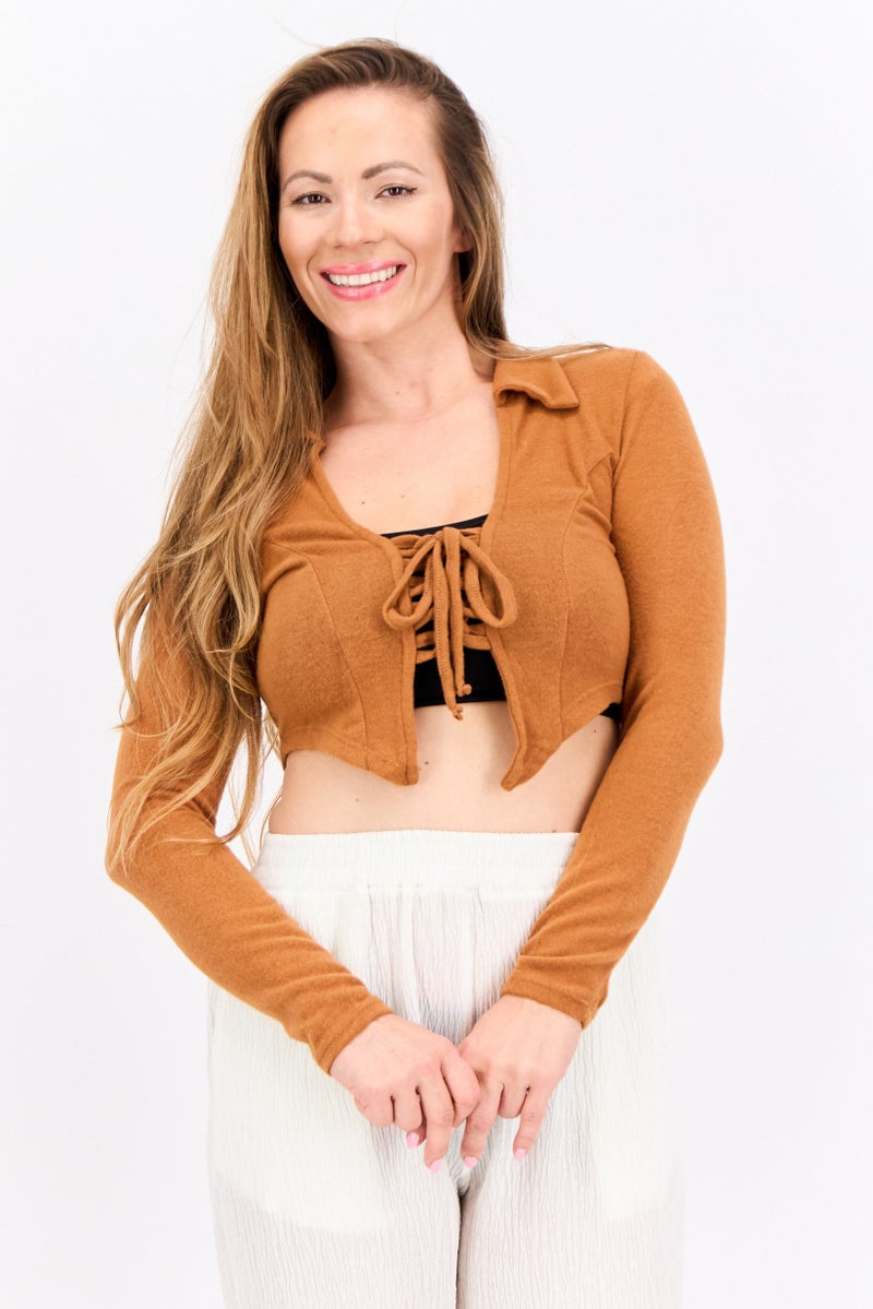 POOF Women Spread Collar Long Sleeve Plain Top, Brown - Image 1
