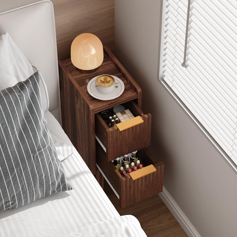 ELYKEN 7.9" Narrow Side Table, 20.6" H Fluted Nightstand with Drawers, Wooden Small End Table for Small Spaces, Modern Skinny Bedside Table, Slim Nightstand for Bedroom, Walnut - Image 5