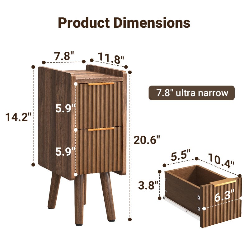 ELYKEN 7.9" Narrow Side Table, 20.6" H Fluted Nightstand with Drawers, Wooden Small End Table for Small Spaces, Modern Skinny Bedside Table, Slim Nightstand for Bedroom, Walnut - Image 2