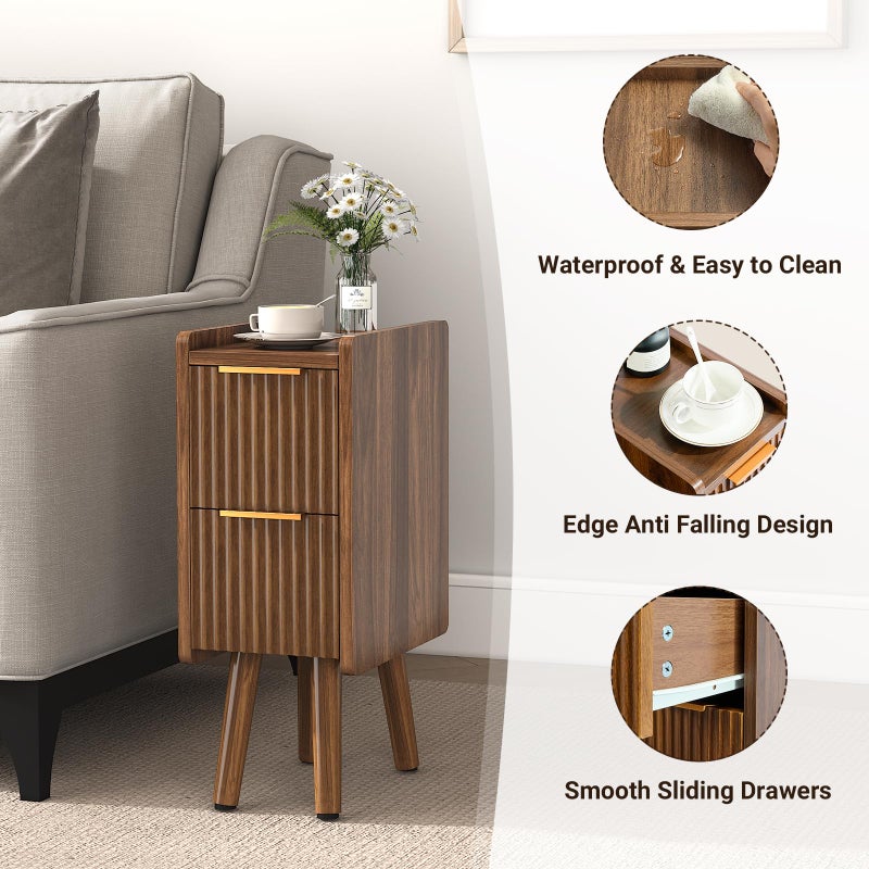 ELYKEN 7.9" Narrow Side Table, 20.6" H Fluted Nightstand with Drawers, Wooden Small End Table for Small Spaces, Modern Skinny Bedside Table, Slim Nightstand for Bedroom, Walnut - Image 4
