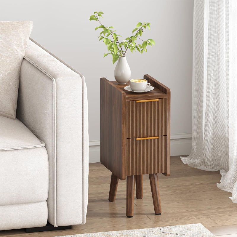 ELYKEN 7.9" Narrow Side Table, 20.6" H Fluted Nightstand with Drawers, Wooden Small End Table for Small Spaces, Modern Skinny Bedside Table, Slim Nightstand for Bedroom, Walnut - Image 1