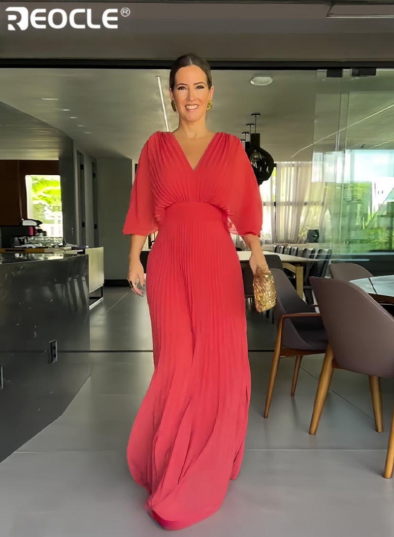 REOCLE Women's Short Puff Sleeve Dress Wrap V Neck Flowy Ruffle Pleated Casual Wear Elegant Dress Daily Commute Perfect for Summer and Autumn - Image 1