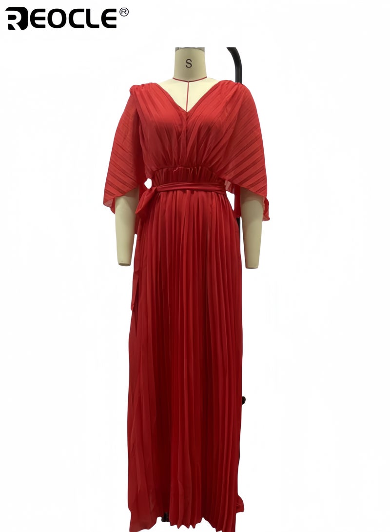 REOCLE Women's Short Puff Sleeve Dress Wrap V Neck Flowy Ruffle Pleated Casual Wear Elegant Dress Daily Commute Perfect for Summer and Autumn - Image 3