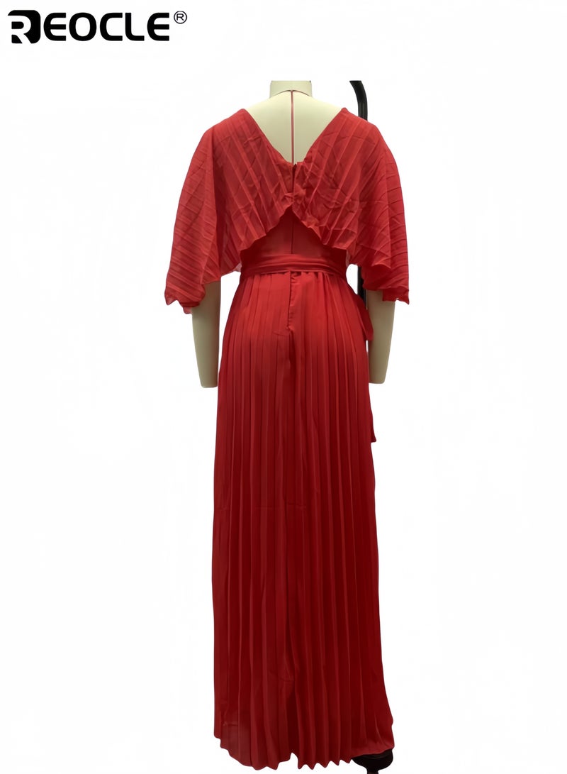 REOCLE Women's Short Puff Sleeve Dress Wrap V Neck Flowy Ruffle Pleated Casual Wear Elegant Dress Daily Commute Perfect for Summer and Autumn - Image 4