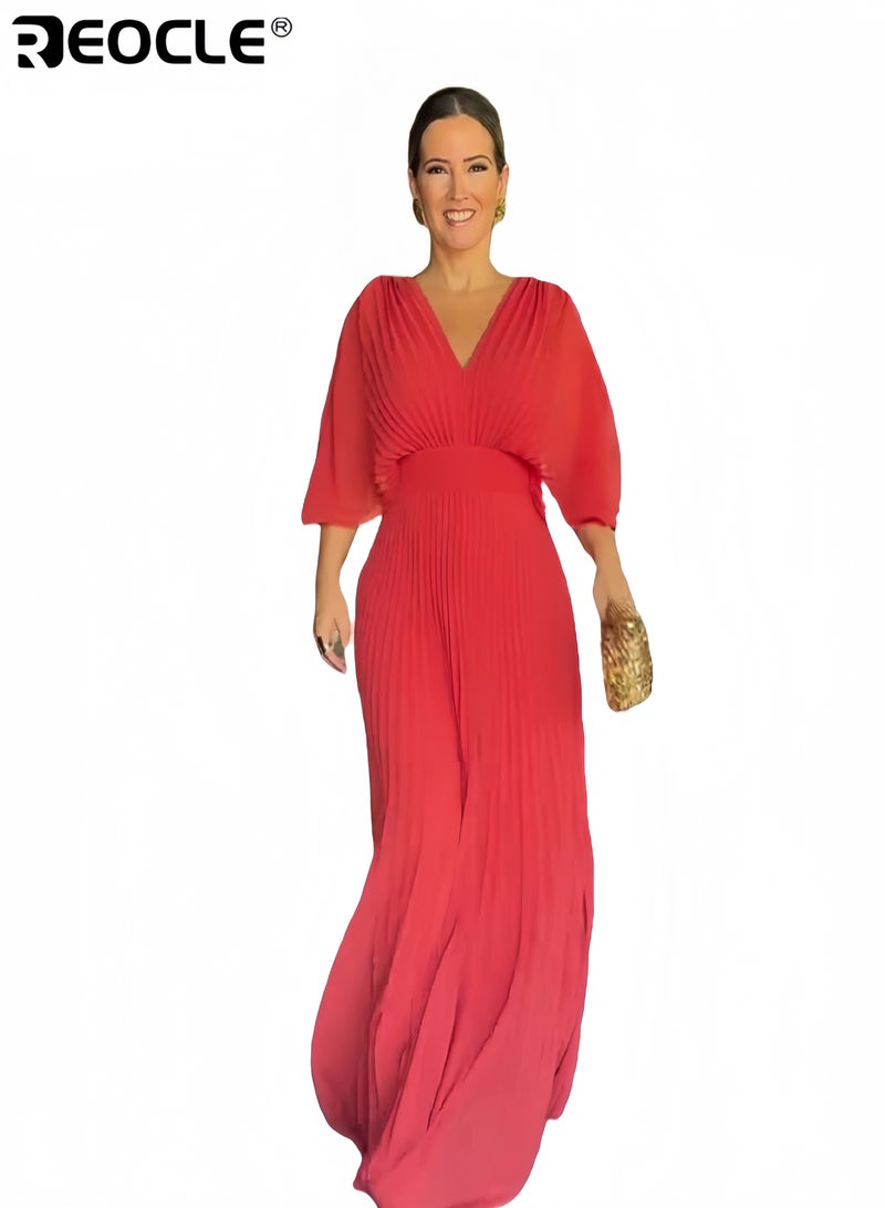 REOCLE Women's Short Puff Sleeve Dress Wrap V Neck Flowy Ruffle Pleated Casual Wear Elegant Dress Daily Commute Perfect for Summer and Autumn - Image 2