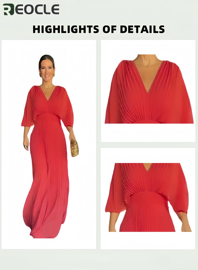 REOCLE Women's Short Puff Sleeve Dress Wrap V Neck Flowy Ruffle Pleated Casual Wear Elegant Dress Daily Commute Perfect for Summer and Autumn - Image 5