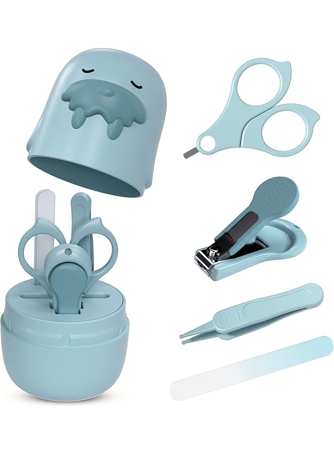 KASTWAVE Baby Nail Clipper Kit 4 Piece Baby Manicure And Pedicure Beauty Kit Newborn Nail Clipper File With Cute Protective Cover Scissors Tweezers Anti Pinch Flesh Care Tools (Blue) - Image 1