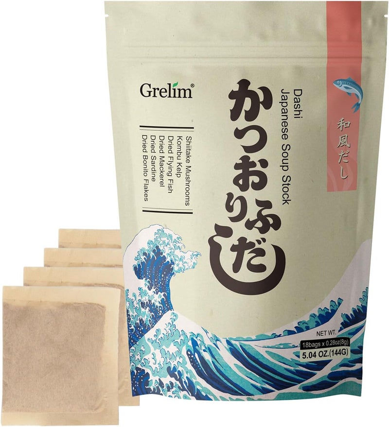 Grelim Dashi Stock - Japanese Dashi Soup with Natural Ingredients, 18 Packets, 5.04 oz - Image 1