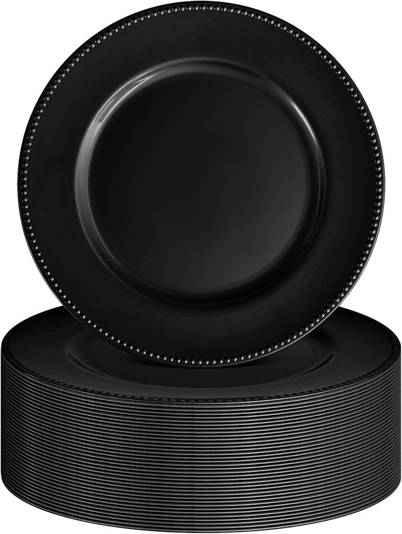 FXKS 36 Pcs Black Charger Plates Round Charger Plates13 Inch Bulk Wedding Dinner Elegant Reusable Plastic Chargers Plates Wedding Holiday Party Baby Shower Event Decoration Black - Image 1