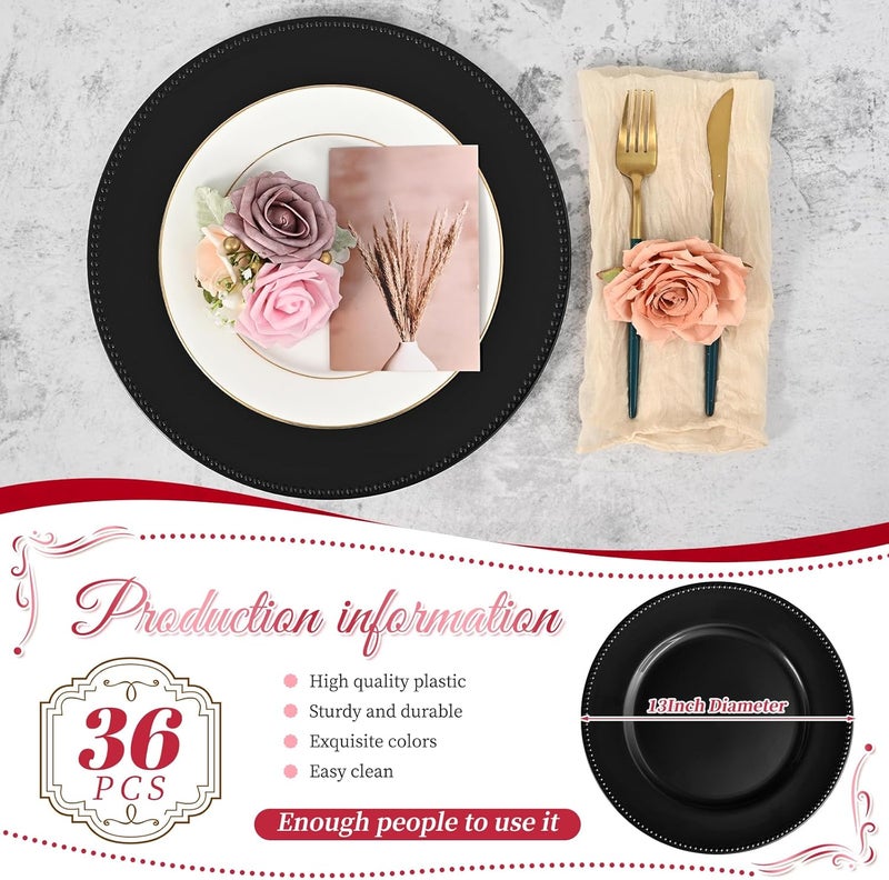 FXKS 36 Pcs Black Charger Plates Round Charger Plates13 Inch Bulk Wedding Dinner Elegant Reusable Plastic Chargers Plates Wedding Holiday Party Baby Shower Event Decoration Black - Image 2