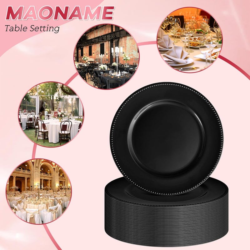 FXKS 36 Pcs Black Charger Plates Round Charger Plates13 Inch Bulk Wedding Dinner Elegant Reusable Plastic Chargers Plates Wedding Holiday Party Baby Shower Event Decoration Black - Image 4