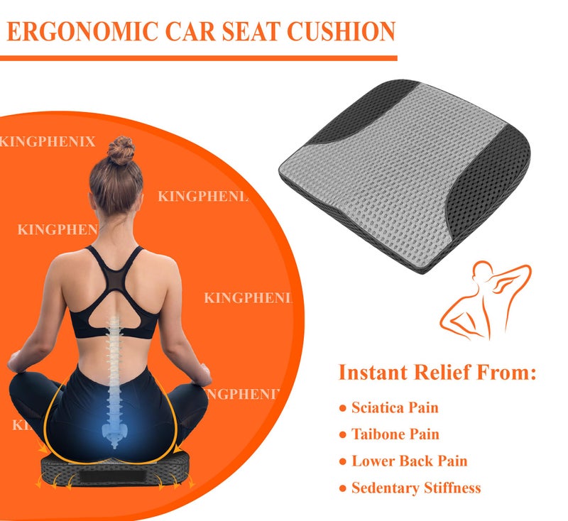 kingphenix Premium Car Seat Cushion, Memory Foam Driver Seat Cushion to Improve Driving View- Coccyx & Lower Back Pain Relief - Seat Cushion for Car, Truck, Office Chair (4D Mesh Gray & Black) - Image 2