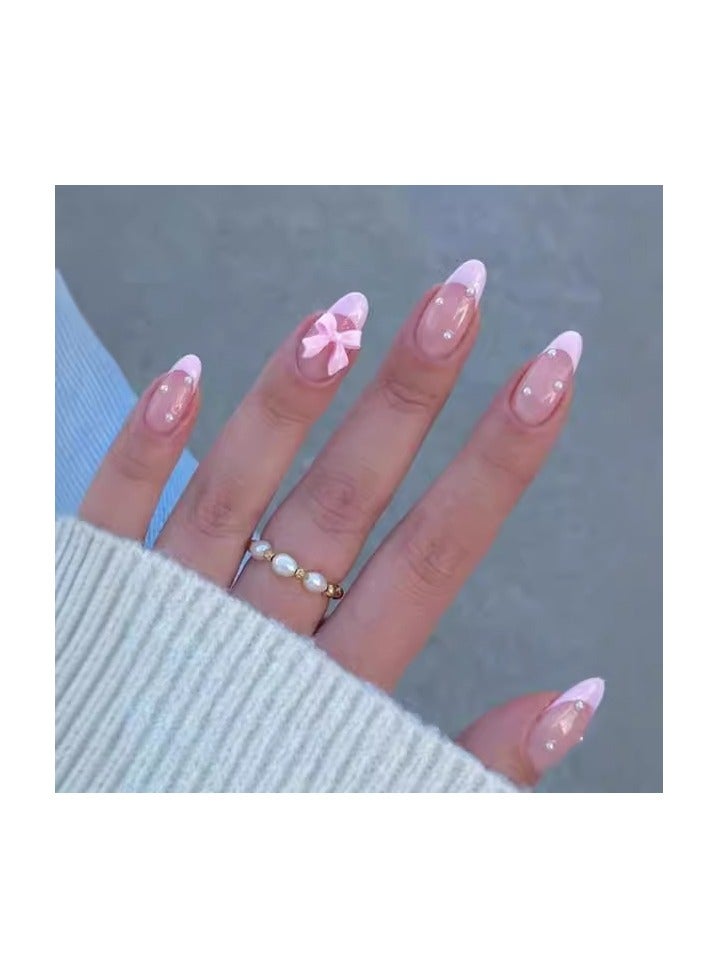 24-Piece Full Cover False French Tip Press on Nails,Medium Fake Nails Almond Glue on Nails Bow Charm Pearl Design Acrylic Nails(Pink) - Image 1