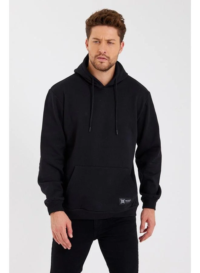 mmetalic Men's Black Hooded Sweatshirt with Kangaroo Pocket and Cotton Lining