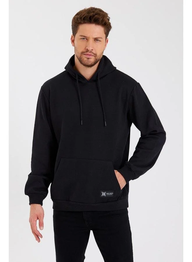 mmetalic Men's Black Hooded Sweatshirt with Kangaroo Pocket and Cotton Lining